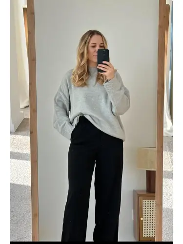 Gray Crew Neck Oversize Knit Sweater Mg1972-Gray - 3