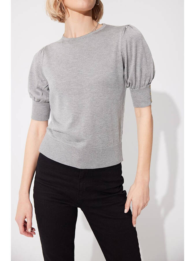 Gray Crewneck Balloon Sleeve Knit Sweater - 8