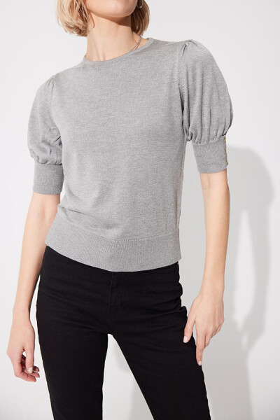 Gray Crewneck Balloon Sleeve Knit Sweater - 13