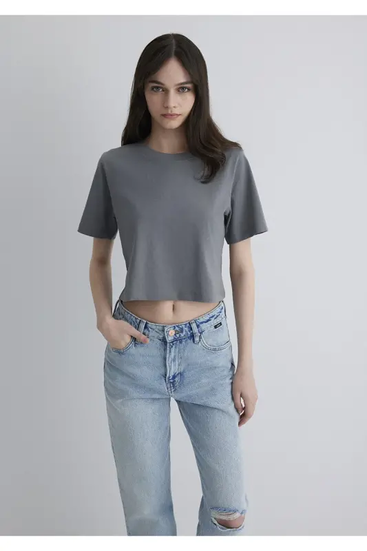 Gray Crop Basic T-Shirt Crop / Short Cut 1613072-85 - 2
