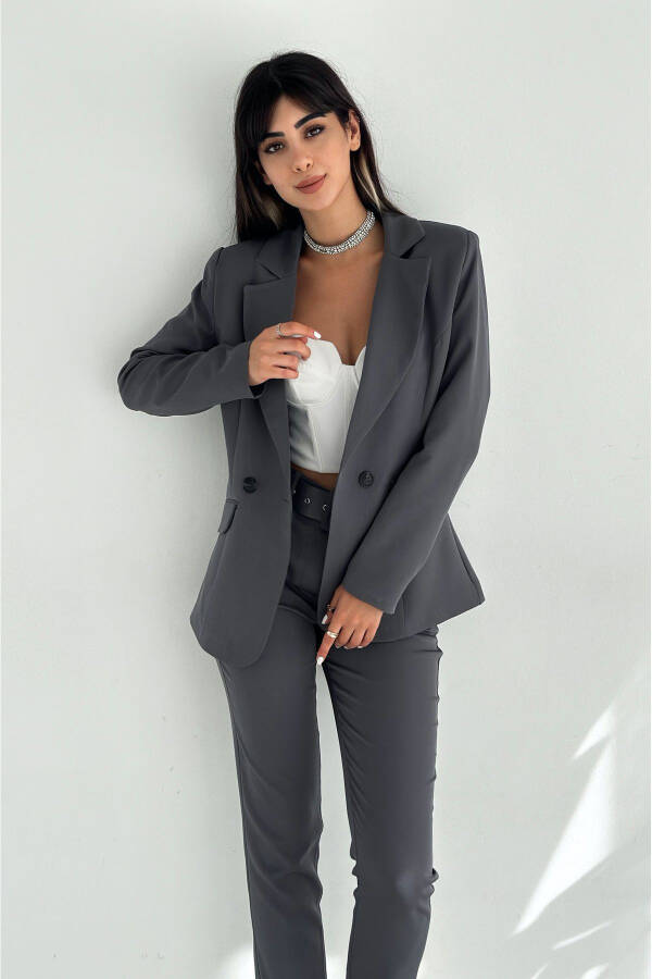 Gray Double-Breasted Blazer Jacket Carrot Pants Suit Dress - 2