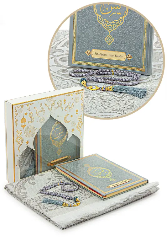 Gray Dowry Prayer Rug Set Suitable for Bride Bundle Religious Gift Personalized Yasin Book-Gray - 1
