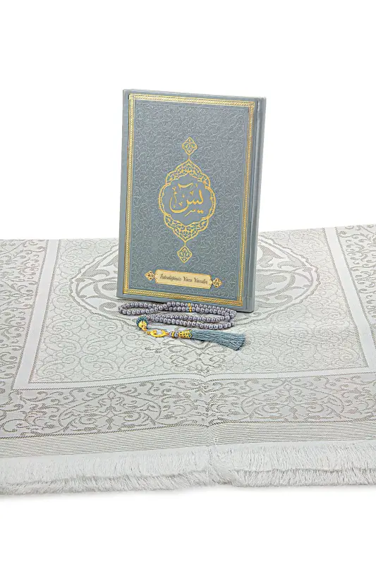 Gray Dowry Prayer Rug Set Suitable for Bride Bundle Religious Gift Personalized Yasin Book-Gray - 4