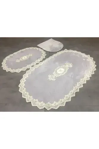 Gray Lisa 3 Pcs Dowry French Lace Appliqued Toilet Seat Cover Set Bath Mat Rug Set-Gray - 1