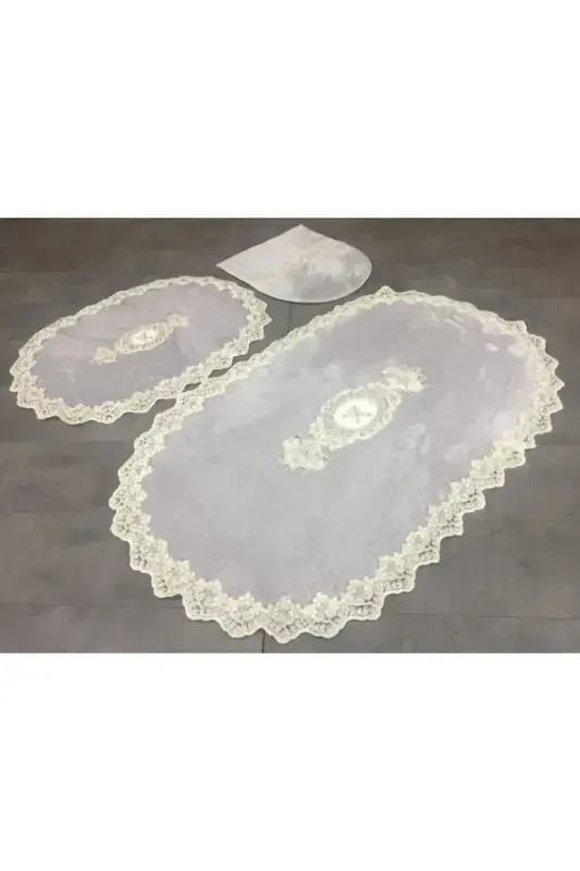 Gray Lisa 3 Pcs Dowry French Lace Appliqued Toilet Seat Cover Set Bath Mat Rug Set-Gray - 1