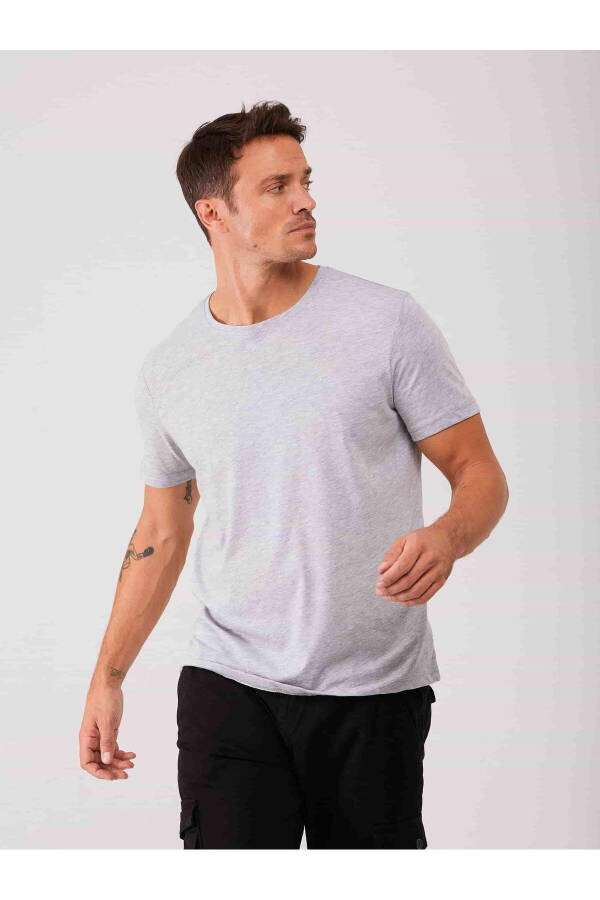 Gray Melange Men's Slim Fit Plain Crew Neck T-Shirt - 70953 - 6