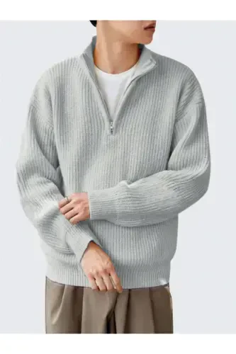 Gray Men's Oversize Zippered Fisherman Knit Sweater-Gray - 1