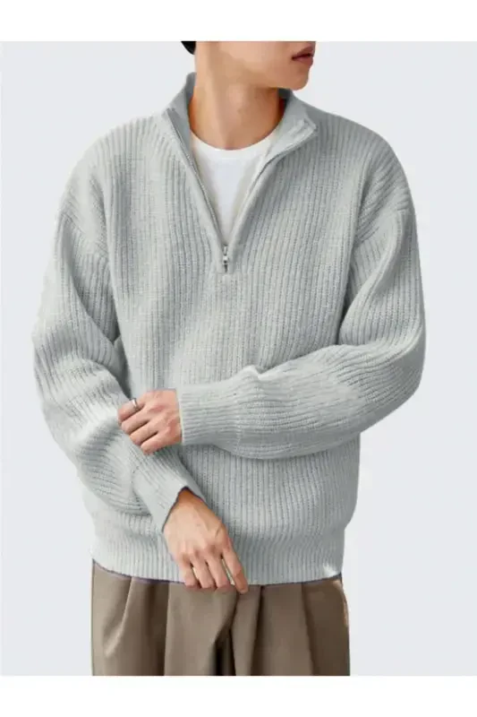 Gray Men's Oversize Zippered Fisherman Knit Sweater-Gray - 1