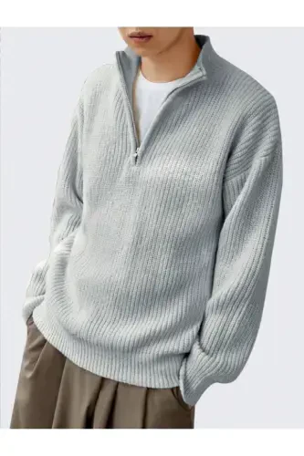 Gray Men's Oversize Zippered Fisherman Knit Sweater-Gray - COOL TARZ (1)
