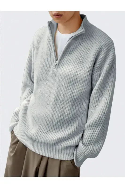 Gray Men's Oversize Zippered Fisherman Knit Sweater-Gray - 2