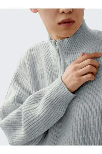 Gray Men's Oversize Zippered Fisherman Knit Sweater-Gray - 3