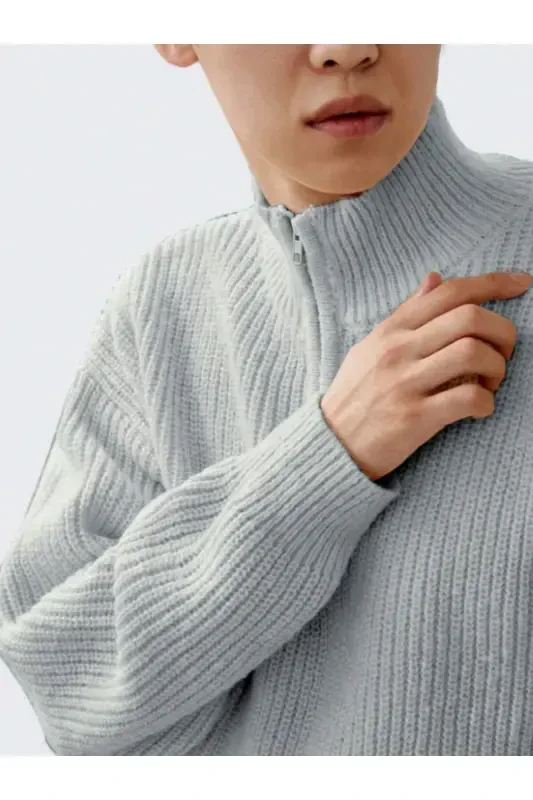 Gray Men's Oversize Zippered Fisherman Knit Sweater-Gray - 3