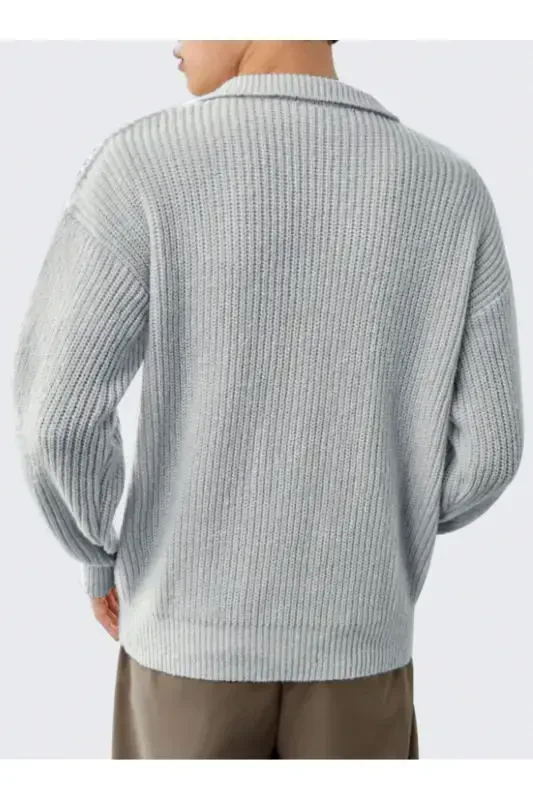 Gray Men's Oversize Zippered Fisherman Knit Sweater-Gray - 4