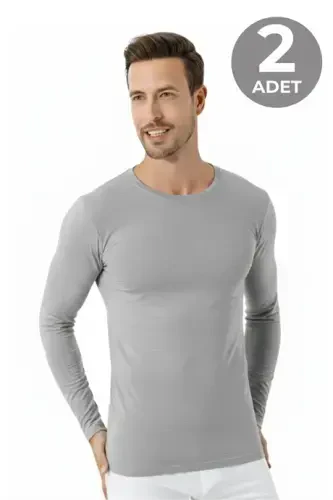 Gray Men's Regular Fit Crew Neck Long Sleeve T-Shirt 2-Pack 100% Cotton - 1