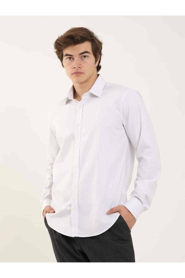 Gray Men's Slim Fit Striped Classic Collar Long Sleeve Shirt - 97946 - 2