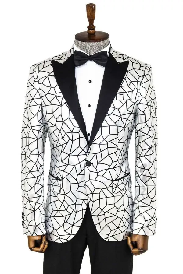 Gray Men's Tuxedo Jacket with Black Patchwork Pattern - Wessi - 1