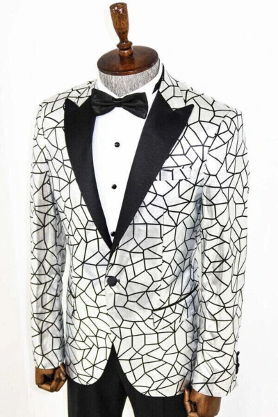 Gray Men's Tuxedo Jacket with Black Patchwork Pattern - Wessi - 3