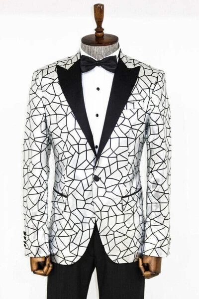 Gray Men's Tuxedo Jacket with Black Patchwork Pattern - Wessi - 4