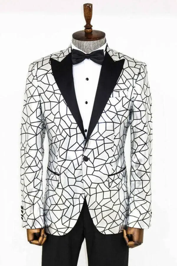 Gray Men's Tuxedo Jacket with Black Patchwork Pattern - Wessi - 4