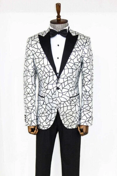 Gray Men's Tuxedo Jacket with Black Patchwork Pattern - Wessi - 5