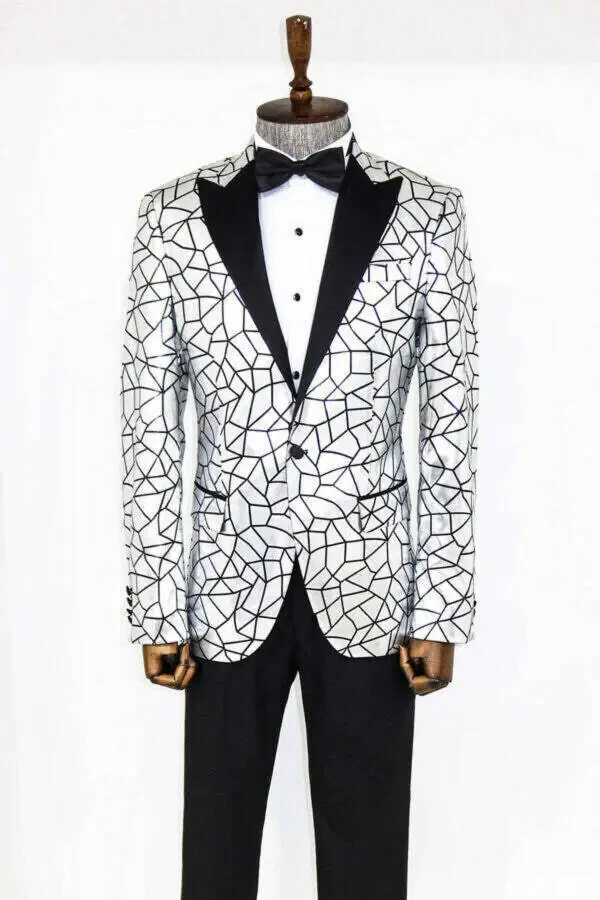 Gray Men's Tuxedo Jacket with Black Patchwork Pattern - Wessi - 5
