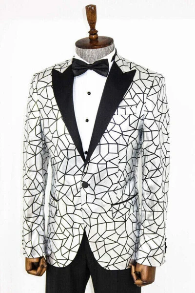 Gray Men's Tuxedo Jacket with Black Patchwork Pattern - Wessi - 6