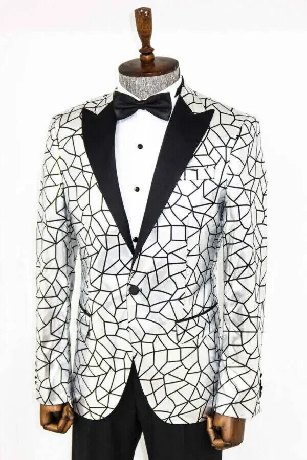 Gray Men's Tuxedo Jacket with Black Patchwork Pattern - Wessi - 6