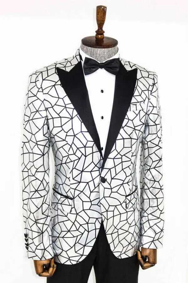 Gray Men's Tuxedo Jacket with Black Patchwork Pattern - Wessi - 8