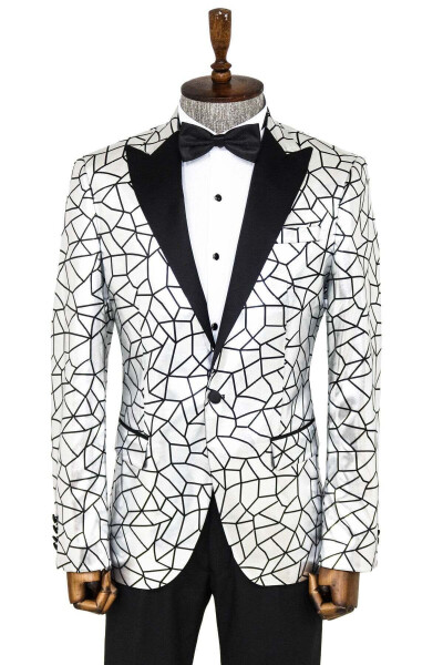 Gray Men's Tuxedo Jacket with Black Patchwork Pattern - Wessi - WESSI
