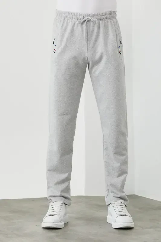 Gray Men's Zipper Pocket Embroidered Detail Straight Leg Relaxed Fit Sweatpants-Gray - 1
