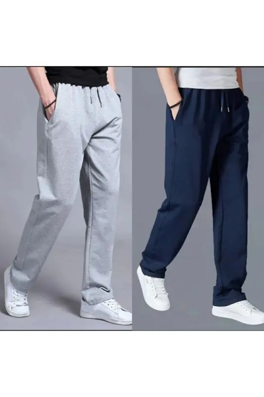 Gray - Navy Blue Men's Wide Leg Straight Leg Sweatpants-Gray - FİTGO