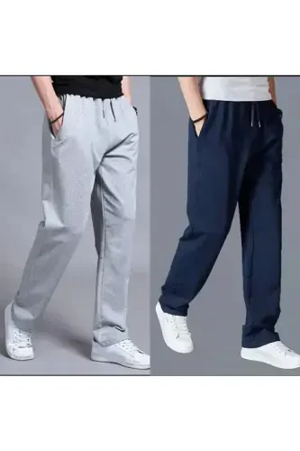 Gray - Navy Blue Men's Wide Leg Straight Leg Sweatpants-Gray - 1