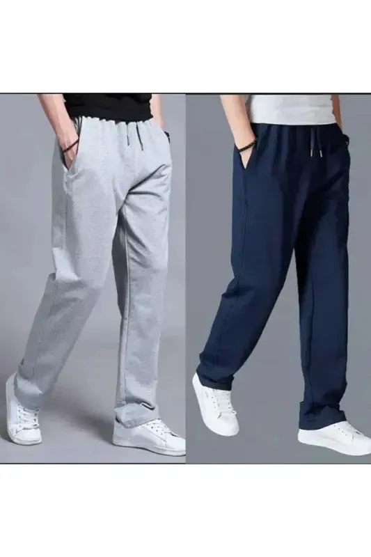 Gray - Navy Blue Men's Wide Leg Straight Leg Sweatpants-Gray - 1