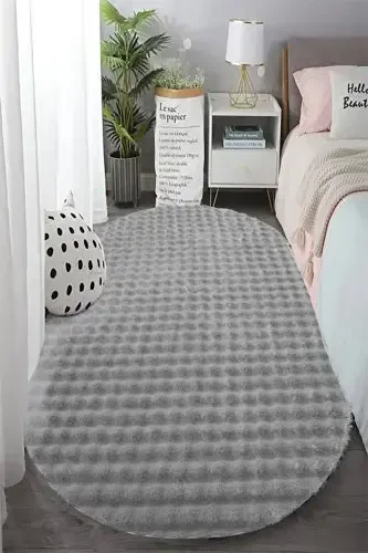 Gray Oval Plush Embossed Non-Slip Base Dot Washable Living Room Hallway Kitchen Children's Room-Light Gray - 1