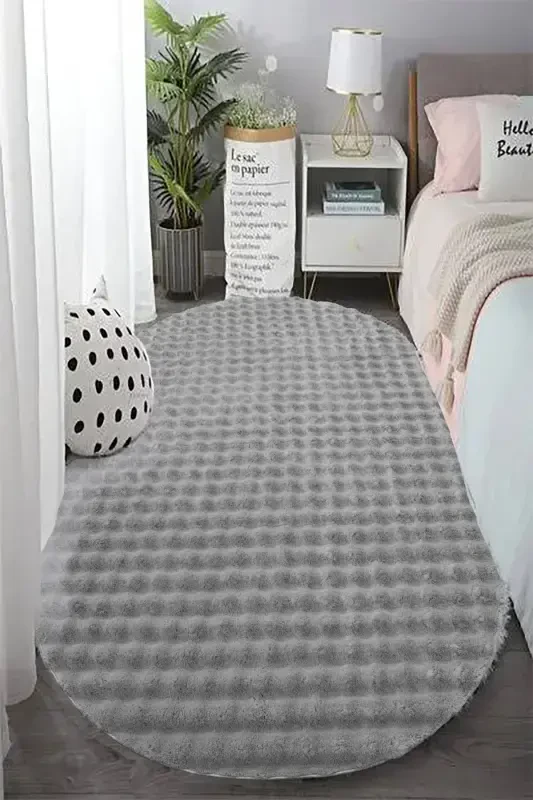 Gray Oval Plush Embossed Non-Slip Base Dot Washable Living Room Hallway Kitchen Children's Room-Light Gray - 1