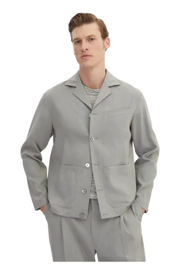 Gray Plain Casual Fit Linen Blend Suit - 1