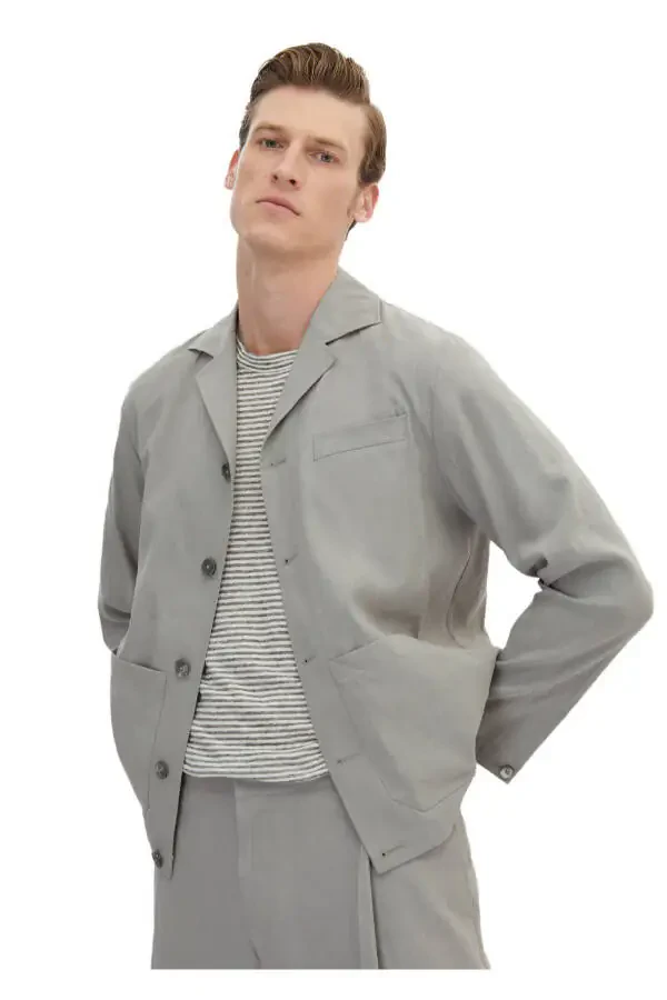 Gray Plain Casual Fit Linen Blend Suit - 3