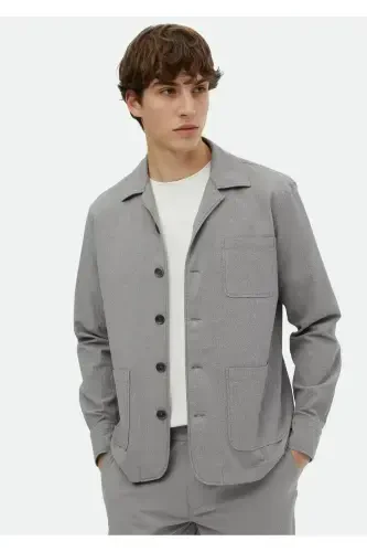 Gray Plain Casual Fit Woven Cotton Blend Overshirt - 1