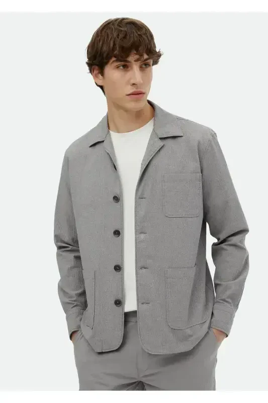 Gray Plain Casual Fit Woven Cotton Blend Overshirt - 1