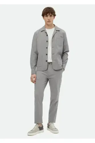 Gray Plain Casual Fit Woven Cotton Blend Overshirt - 2