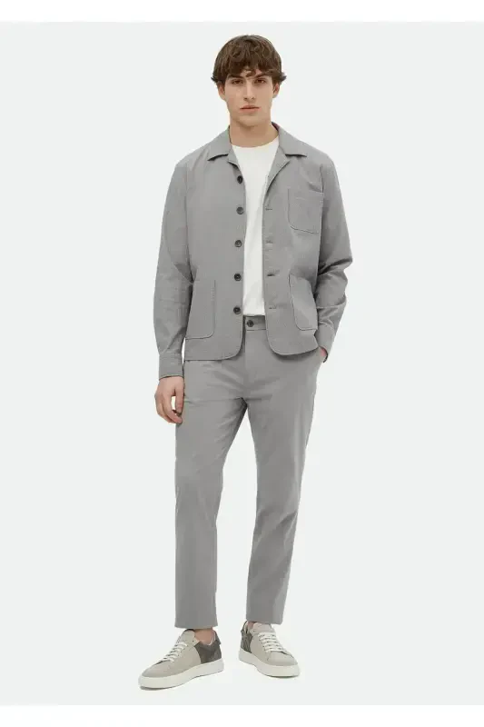 Gray Plain Casual Fit Woven Cotton Blend Overshirt - 2