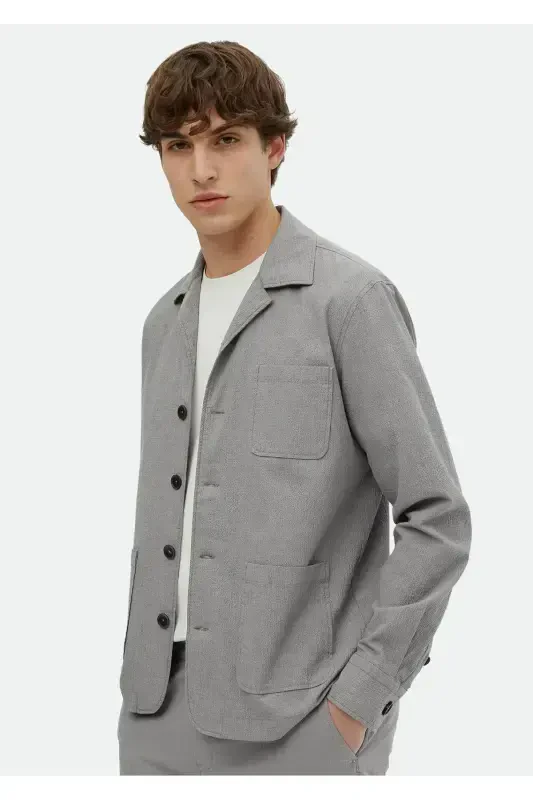 Gray Plain Casual Fit Woven Cotton Blend Overshirt - 3