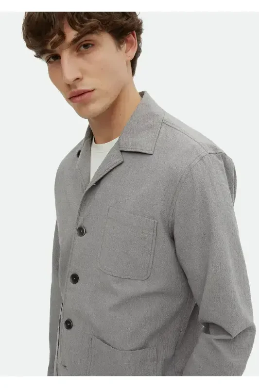 Gray Plain Casual Fit Woven Cotton Blend Overshirt - 4