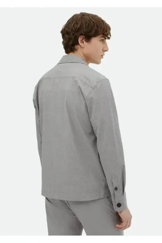 Gray Plain Casual Fit Woven Cotton Blend Overshirt - 5