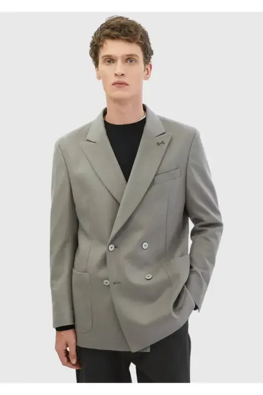 Gray Plain Comfort Fit 100% Wool Jacket - 1