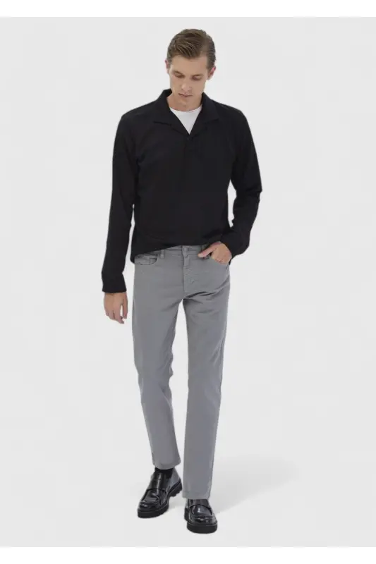 Gray Plain Weave Slim Fit Casual Cotton Blend Trousers - RAMSEY