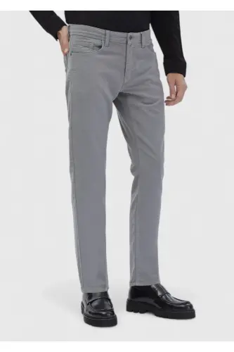Gray Plain Weave Slim Fit Casual Cotton Blend Trousers - 3