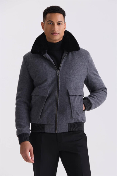 Gray Regular Fit Fur Collar Winter Puffer Jacket - 5