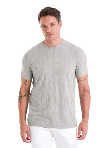 Gray Regular Fit Jacquard Crew Neck T-shirt - HATEMOĞLU
