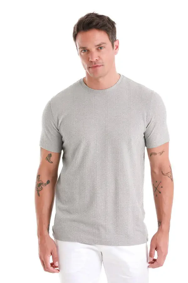 Gray Regular Fit Jacquard Crew Neck T-shirt - 1